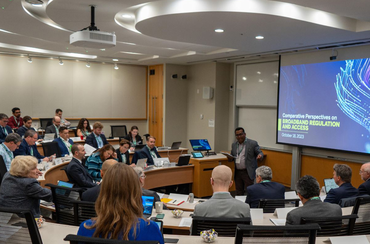 Romel Mostafa; Assistant Professor of Business, Economics, and Public Policy; speaking at a workshop called Comparative Perspectives on Broadband Regulation and Access at Ivey’s Toronto campus in October 2023.