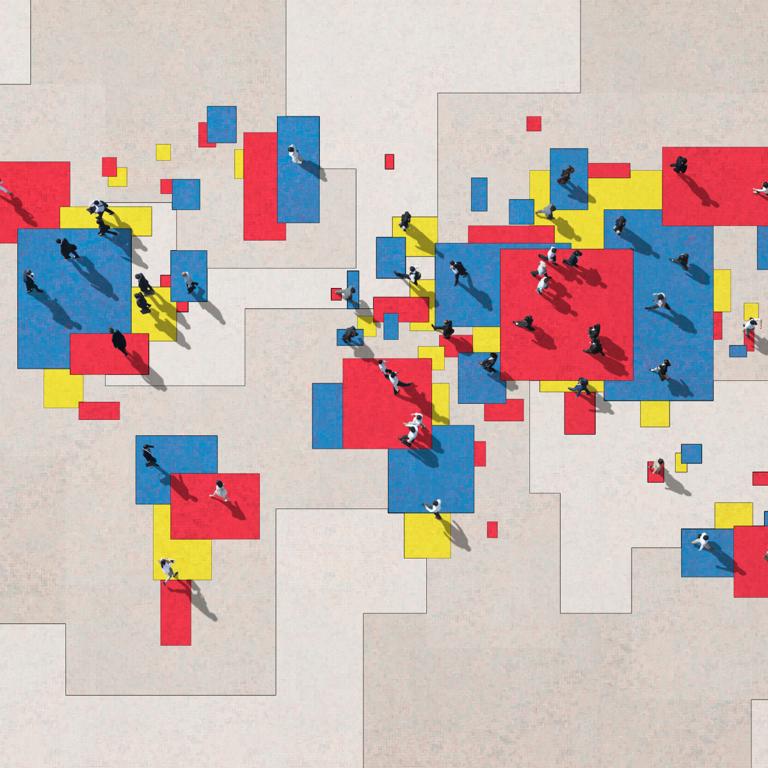 Abstract world map on group with people with people walking over it