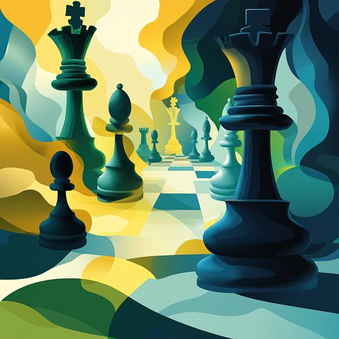 Illustration of chess pieces in surreal chessboard